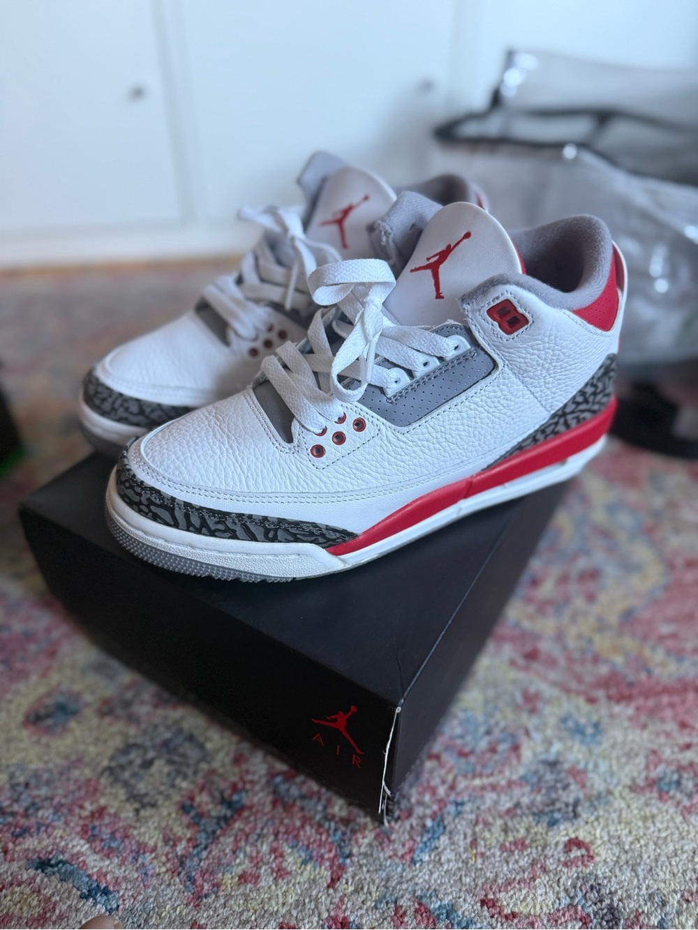 Jordan 3 Fire Red Kids' Sneakers in White and Red with Gray Elephant Print